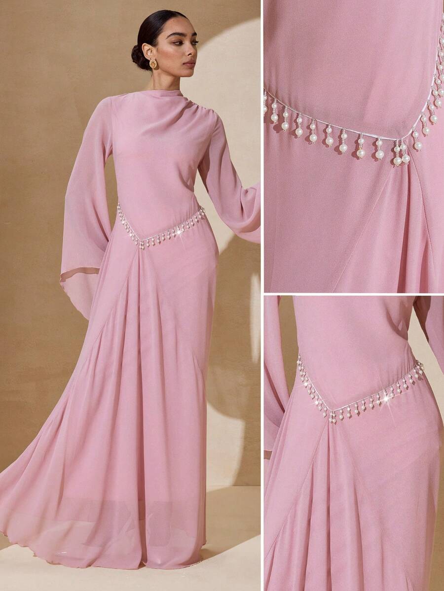 Graceveil Đầm dài bằng vải chiffon thanh lịch dành cho nữ, điểm xuyết hoa văn tua rua ngọc trai, duyên dáng và tinh tế, thích hợp cho các dịp trang trọng.