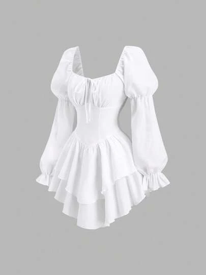 SHEIN PETITE 浪漫甜美春夏短袖迷你连衣裙，适合娇小女性，露背设计，收腰，不对称下摆，优雅精致的白色派对/约会连衣裙