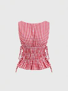 Sweetra Französischer Retro-Stil Damen Bluse für Frühling/Sommer, rot-weiß kariert, ärmellos, quadratischer Kragen, tailliert, Schleife, Rüschensaum, süß und kurz geschnitten - Rot-Weiß - Übersicht 7