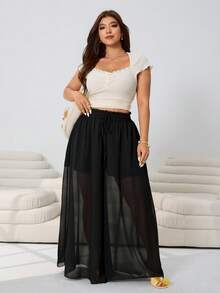 Solflare Quần ống rộng dáng suông bằng vải chiffon, kiểu dáng mới mùa Xuân/Hè, phù hợp cho mặc hàng ngày, dự tiệc, lễ hội âm nhạc, đi làm, đám cưới, tựu trường, lễ tốt nghiệp, kỳ nghỉ, thời trang đường phố, mặc ở nhà, mua sắm, dạo phố, nhiều dịp khác nhau, có thể mặc ngoài hoặc mặc nhiều lớp, eo chun, cỡ lớn, chất liệu chiffon mềm mại và thoải mái, màu đen, cỡ lớn. - màu đen - Xem 5