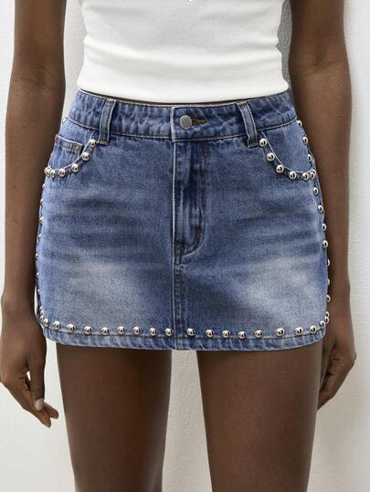 Maija Chân váy ngắn denim nữ, phong cách thành thị thanh lịch, công sở thường ngày, kiểu Y2K, phù hợp cho Halloween, Giáng sinh, tiệc tùng, lễ hội âm nhạc.