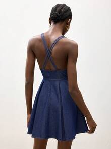 Maija Đầm denim nữ kiểu dáng thường ngày, cổ chữ V khoét sâu, hở lưng, thích hợp cho mùa hè. - Rửa trung bình - Xem 2