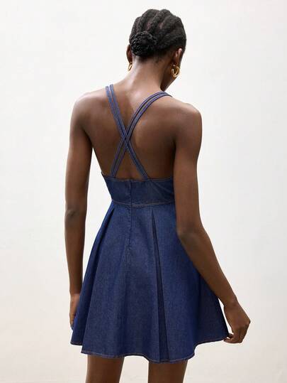 Maija Đầm denim nữ kiểu dáng thường ngày, cổ chữ V khoét sâu, hở lưng, thích hợp cho mùa hè.