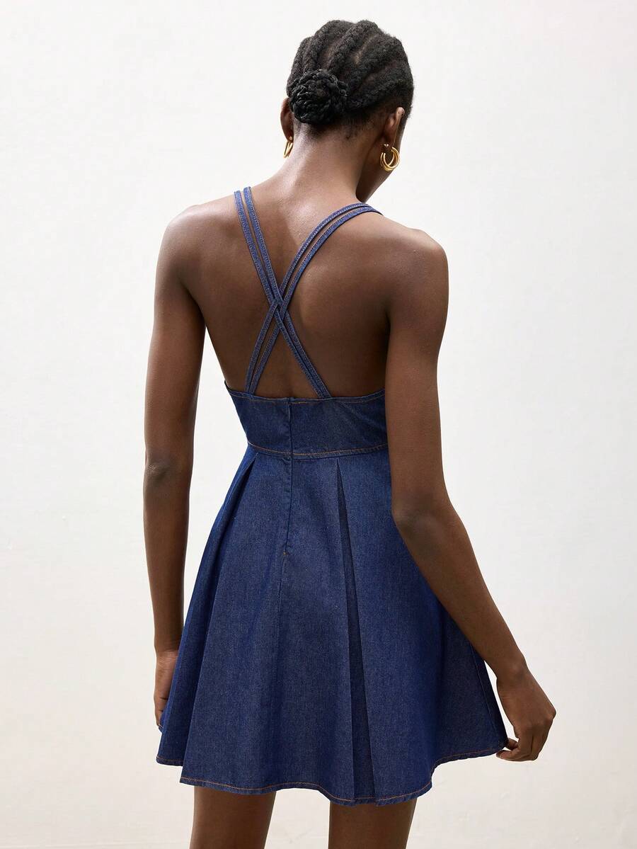 Maija Đầm denim nữ kiểu dáng thường ngày, cổ chữ V khoét sâu, hở lưng, thích hợp cho mùa hè. - Rửa trung bình - Xem 1