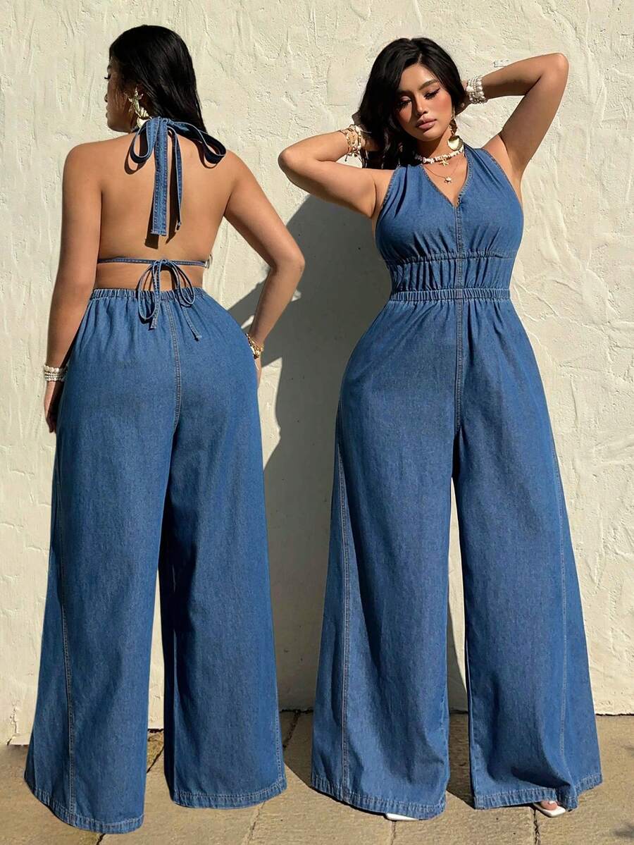 Sunnyshic Sexy Sleeveless V-Neck Loose Denim Jumpsuit - Blue - View 1