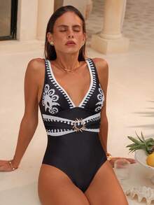 Swim Chiccia Women's Floral Print Metal Decor One-Piece Swimsuit, Suitable For Beach Vacation, Pool Party, Beach Party - Black and White - View 3