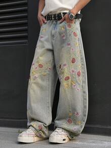 Manfinity EMRG Men's Casual Street Style Embroidered Distressed Flared Leg Blue Jeans - Light Wash - View 8