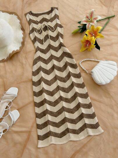 Franclia Nuevo vestido largo de punto sin mangas ajustado, sexy escote en V profundo con lazo, textura ondulada de bloques de color, elegante vestido ajustado