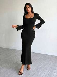 Almamuse Women's Long Bodycon Dress, Square Neck, Flare Sleeve, Black Knit Dress Fall Cloth For Women - Black - View 3