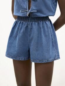 Maija Bộ đồ nữ mùa hè kiểu dáng thường ngày gồm áo vest buộc dây và quần short denim. - Rửa trung bình - Xem 8