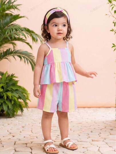 【两件套】适合6个月至2-3岁女婴，彩虹色竖条纹拼接印花背带裤+短裤，面料轻薄活泼可爱，适合日常户外活动和夏季儿童服装。