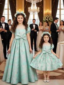 Vestido elegante con cuello cuadrado, mangas abullonadas y decoración de lazo para niña - Verde - Ver 12