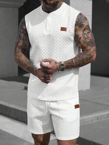 Manfinity CasualCool 男士夏季休闲纹理背心和短裤套装 - 白色 - 查看 7
