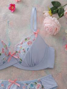 Elorette Bộ đồ lót nữ ngày Valentine 2 món thêu hoa, cúp 3/4, có đệm mút, nâng ngực, thoải mái, thích hợp mặc hàng ngày. - Màu xanh nhạt - Xem 7