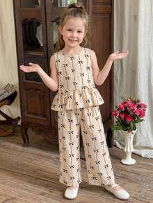 SHEIN LMoss Kids 2件套少女编织蝴蝶结装饰休闲吊带背心和裤子套装 - 黑與白 - 查看 3