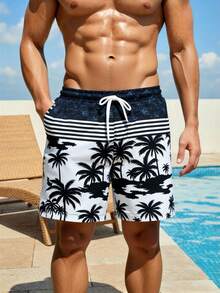 Manfinity Swimmode Herrstrandshorts med tropiskt palmträdsmönster och dragsko i midjan för sommarsemester - Svart och Vitt - Visa 4