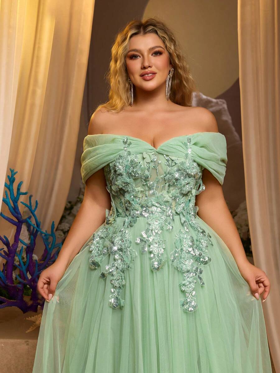 Glamrae 大码优雅奢华绿色亮片刺绣花卉精致露肩泡泡袖薄纱长裙，适合正式晚宴、盛会、婚礼等场合