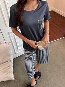 SHEIN Women's Casual Leopard Print Pocket Round Neck Short Sleeve Capri Pants 2 Pieces Pajama Set - Multicolor - View 4