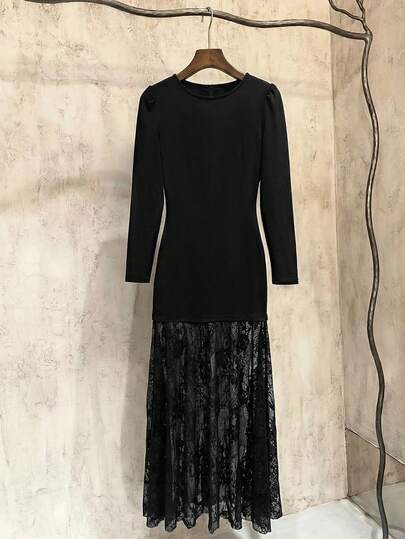 Arave Women's Elegant Lace Patchwork Long Dress, Casual Commuter Mature Style, Spring/Autumn New Year