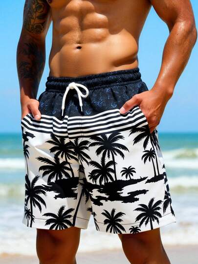 Manfinity Swimmode Men's Summer Vacation Tropical Palm Tree Striped Print Drawstring Waist Beach Shorts Men Palm Tree Swim Shorts Hawaiian Shorts For Men Black And White Swim Trunks Drawstring Swim Shorts