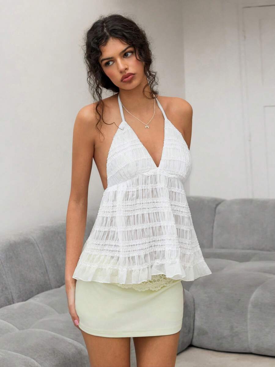 Sweetina Vacation Style Textured Fabric Backless Halter Neck Tank Top For Women - White - View 1