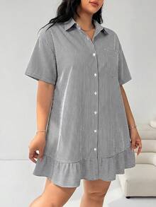 Solflare Vestido casual holgado de manga corta con volantes en el bajo y empalmado, a rayas azul marino y blanco, adecuado para ir al trabajo, volver al colegio, uso diario casual, citas, salidas - Blanco y Negro - Ver 5