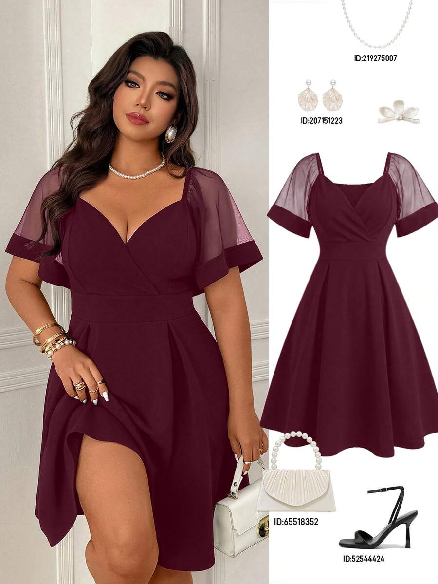 Femmeverse Vestido evasé de mujer talla grande con parches de malla, estilizador y elegante - Morado - Ver 1