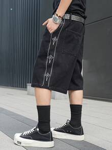 Manfinity EMRG Quần short denim đen nam kiểu dáng đường phố, thêu họa tiết, có khóa kéo. - màu đen - Xem 2