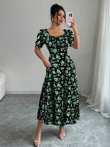 Rafferiza Women's Multicolor Elegant Long Dress With Sweetheart Neckline Puff Sleeves And Floral Random Print - Multicolor - View 3