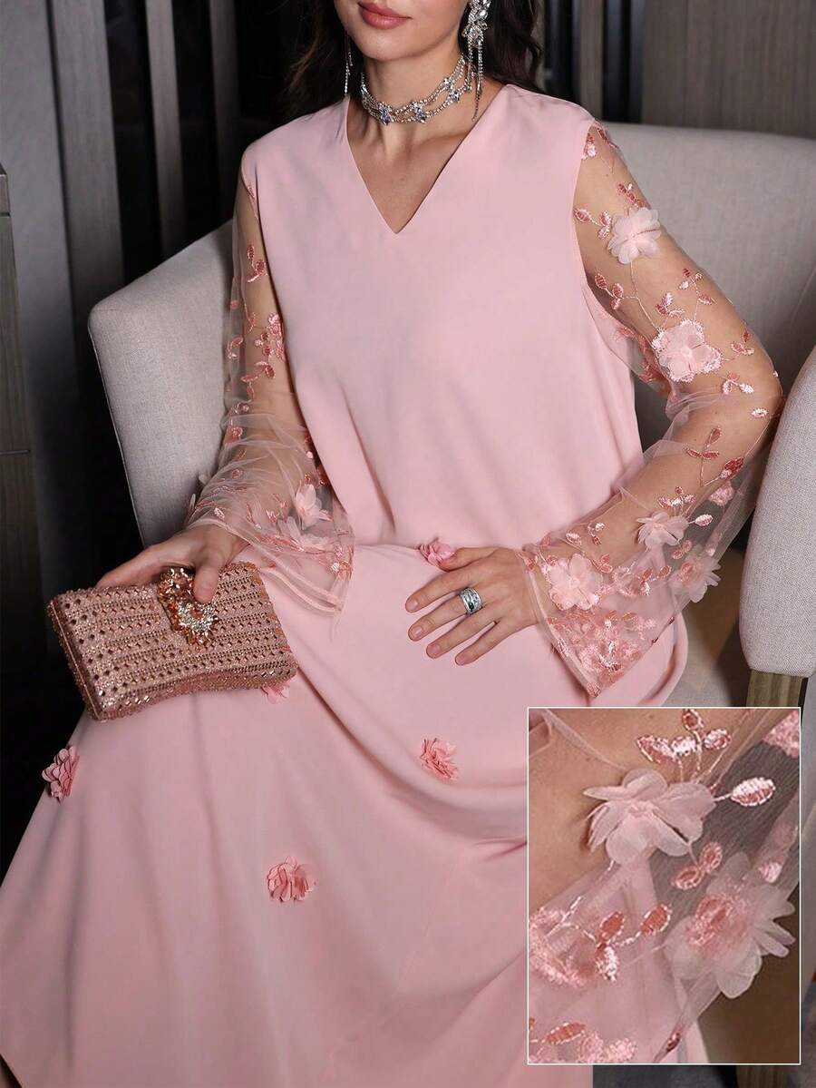 Al Najma Elegant & Romantic Embroidered Long Sleeve Flared Dress For Women, Pink - Pink - View 1