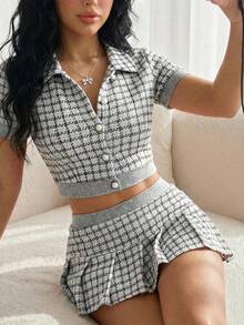 Sweetina 女士休闲格子领开衫上衣和腰部拼接A字裙两件套 - 黑與白 - 查看 1