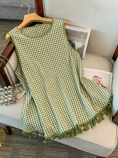 Weeklong Plus Size Plaid Print Tassel Decor Casual Tank Top, Summer