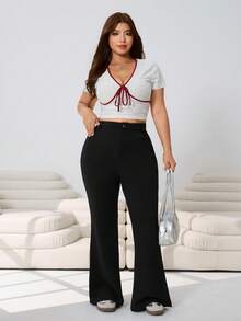 Solflare Pantalon évasé casual de couleur unie pour femmes grandes tailles, printemps/été - Noir - Voir 4