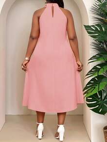SHEIN Lady Plus Size Women's 3D Flower Ruffle Neckline Pink Midi Dress, Elegant, Loose, Boho, Spring/Summer - Dusty Pink - View 2