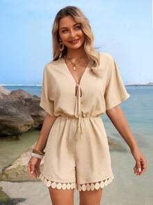 Swim Lushoire Bộ áo liền quần nữ mùa hè tay cánh dơi cổ chữ V thắt nơ tua rua phối ren tròn. - Màu Khaki - Xem 4