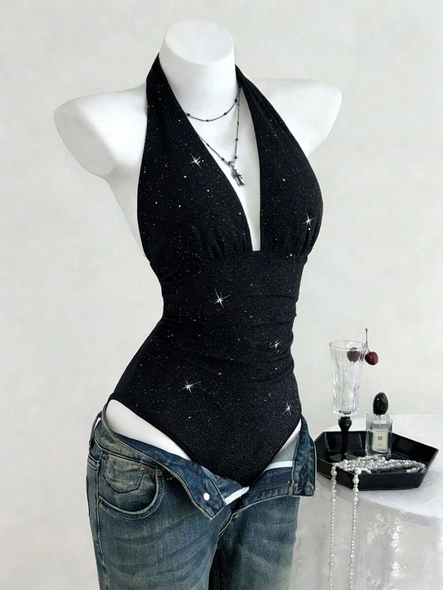 Sweetra Women's Fashionable Bodysuit, Sexy Rhinestone Shiny Deep V Backless Slim Fit Black Bodysuit, Spring/Summer - Black - View 1