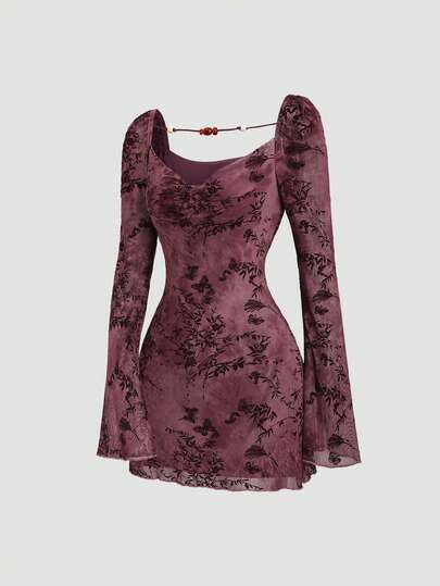 Sweetra Women's Butterfly & Floral Pattern Sweetheart Neck Long Sleeve Dress, Spring/Summer