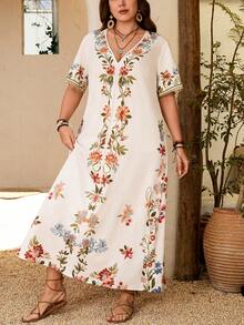 Breezaya Damen Große Größen lässiges, weites Maxi-Kleid mit Platzierungsdruck für den Urlaub, Kurzarm - Aprikosenfarben - Übersicht 7