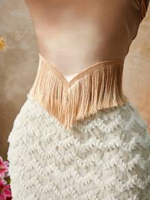 Zolique Women's Solid Color Wrap Around Neck Backless Fringe Hem Fitted Sleeveless Blouse - Champagne - View 4