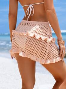 Swim Chiccia 新款3D立体花卉钩编荷叶边半身裙，女士罩衫 - 粉色 - 查看 2