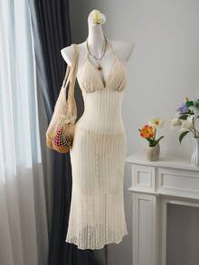 Bellisia 女士两件套米色蕾丝网纱吊带长裙及比基尼泳裤套装，性感优雅沙滩/泳装 - 米色 - 查看 1