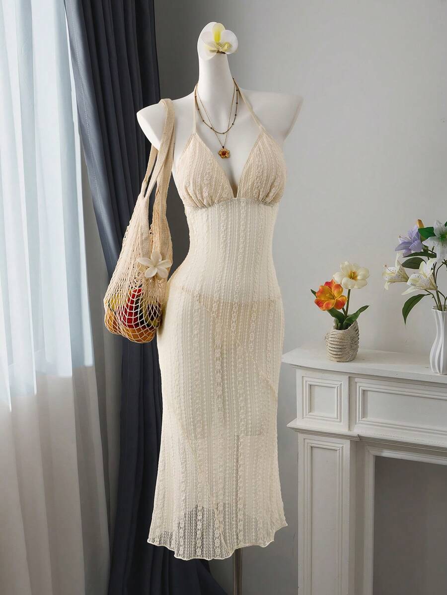 Bellisia 女士两件套米色蕾丝网纱吊带长裙及比基尼泳裤套装，性感优雅沙滩/泳装 - 米色 - 查看 1