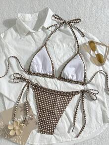 Swim Mod 夏季女士两件套格子印花褶皱挂脖系带上衣和侧系带比基尼泳裤套装 - 咖啡棕 - 查看 2