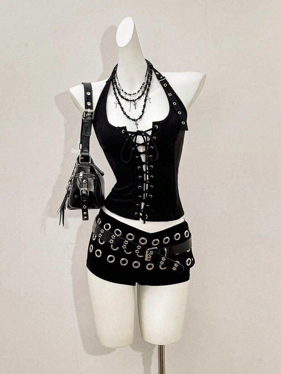 Jeanoix Women's Halter Neck Grommet Strap Design Sexy Punk Style Top For Dates And Outings - Black - View 1