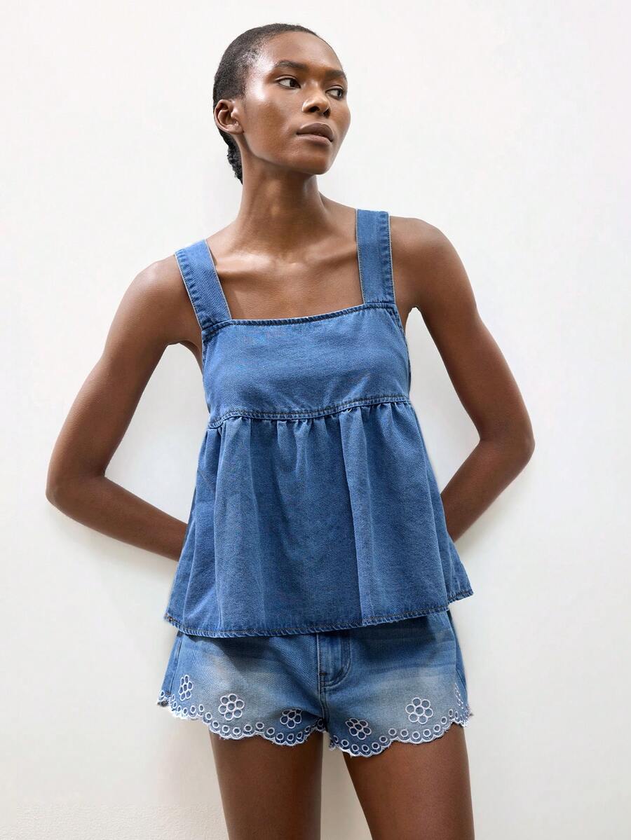Maija Women's Light Blue Denim Top, Square Neck Tank Top, Summer Blouse, Casual Vacation Outfit.Summer Tops - Medium Wash - View 1