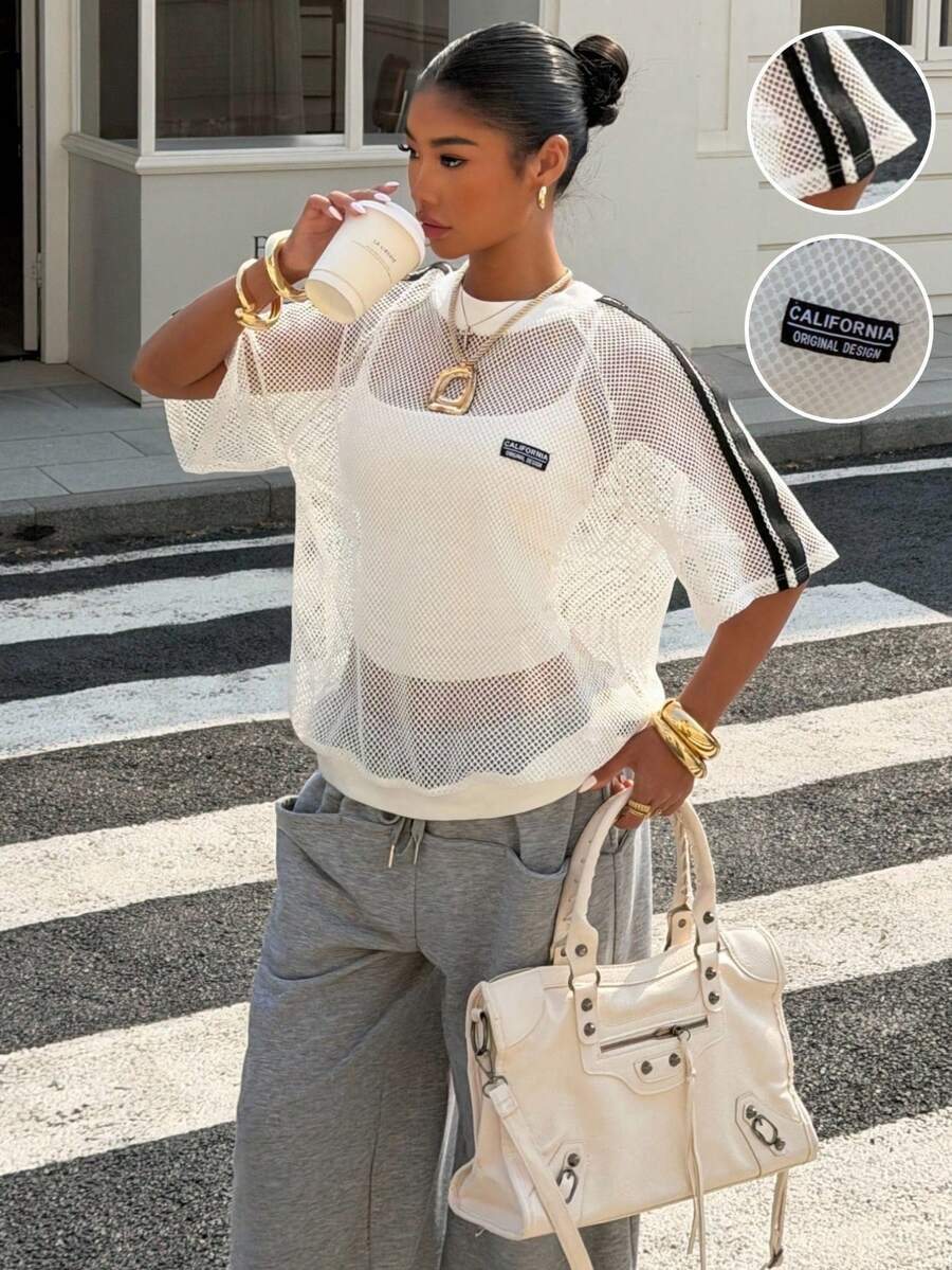 Muchica 女士休闲时尚街头风日常通勤字母图案撞色条纹侧边透视网纱拼接上衣，夏季 - 白色 - 查看 1