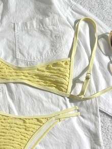 Swim Mod 夏季女士两件套沙滩装，纹理面料吊带露脐吊带上衣，后背交叉设计，搭配高腰比基尼泳裤，女童泳装 - 黃色 - 查看 3