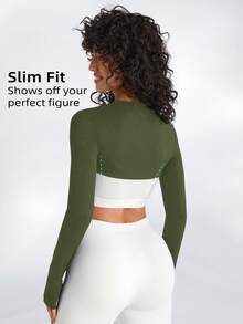 SHEIN Cheerettes 女士纯色圆领休闲百搭日常长袖运动T恤 - 軍綠色 - 查看 2