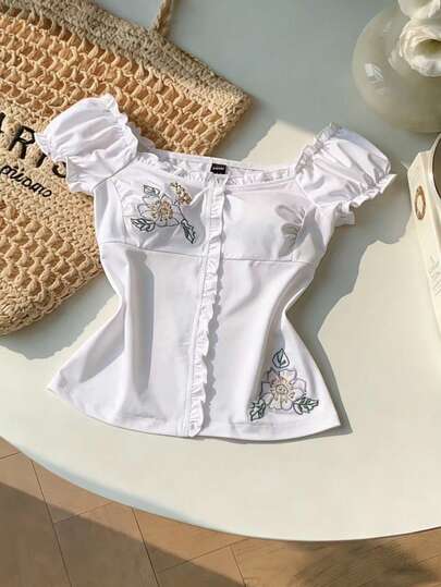 Sweetra 春夏女装 花瓣袖 可转换露肩甜美刺绣针织修身白色短袖T恤