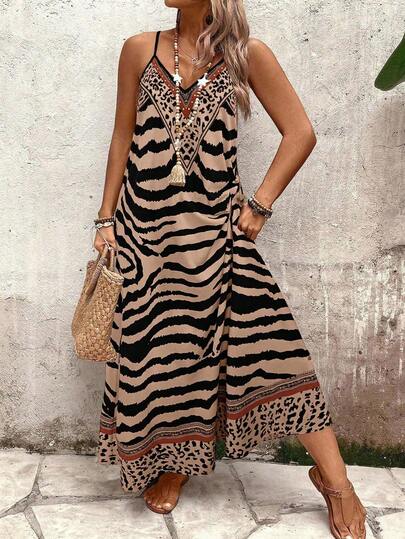 SHEIN PETITE CURVE Plus Size Women's Zebra Print V-Neck Sleeveless Loose A-Line Casual Elegant Commuting Fashion Daily Date French Street Retro Versatile Party Dress, Spring/Summer/Autumn, Long Length